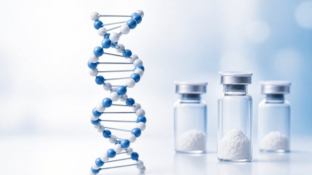 Research peptides vials and DNA helix in a laboratory setting